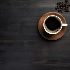 Cup of coffee with coffee beans on dark wooden background. Top view. copy space. generative ai