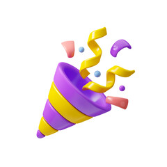 Vector 3d icon party popper. Cartoon emoji of birthday confetti explosion. Simple minimal illustration isolated on white background - obrazy, fototapety, plakaty