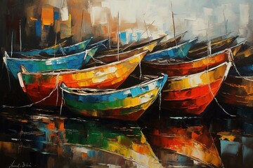 Naklejka na ściany i meble fishing boats painting. Generative AI