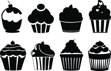 Set of cupcakes. Set of cupcake silhouettes. Cupcake vector illustrations set.