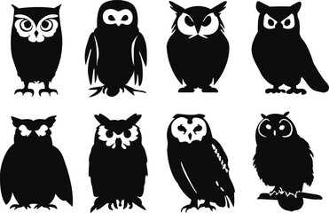 Set of owls. Set of owl silhouettes. Owl vector illustrations set.