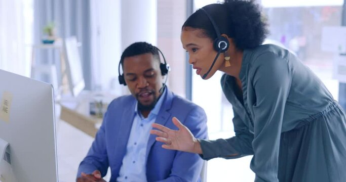Call center training, computer or black people coaching or speaking of sales team strategy. Virtual assistant, leadership or African manager talking or helping new CRM agent for our vision in office