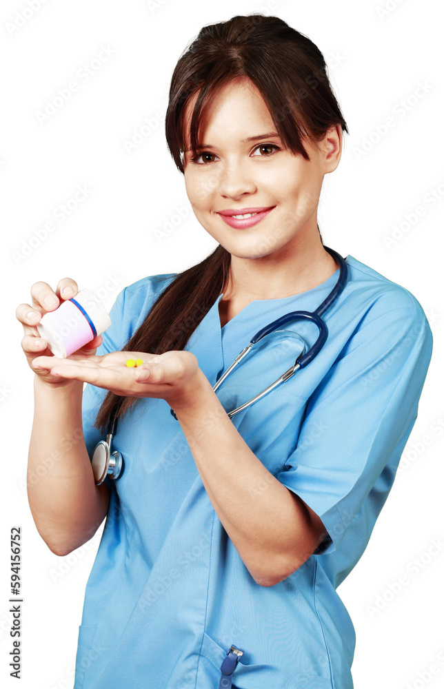 Wall mural young nurse with pill bottle - isolated