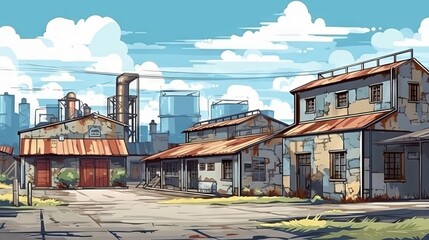Obraz premium アニメ風の工場の町並み：AI作品 