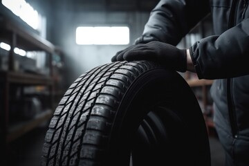 Fototapeta na wymiar Mechanic holding a tire at the repair garage, Replacement of winter and summer tires - Generative AI