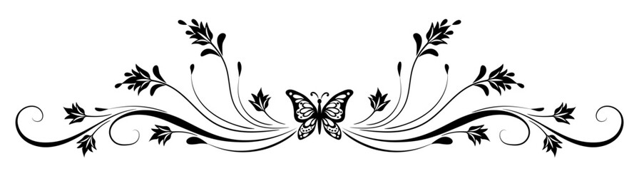 Decorative floral ornament with butterfly, leaves, flowers and abstract lines. Element for decor and greeting card design