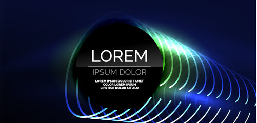 Neon laser lines, circles waves abstract background. Neon light or laser show, electric impulse, power lines, techno quantum energy impulse, magic glowing dynamic lines