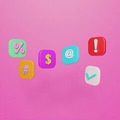 3D icon money, percent, at, correct mark on pink background illustration.
