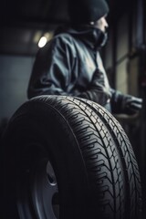 Obraz na płótnie Canvas Mechanic holding a tire at the repair garage, Replacement of winter and summer tires - Generative AI