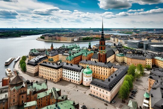 Stockholm old town (Gamla Stan) cityscape from City Hall top, Sweden. Generative AI