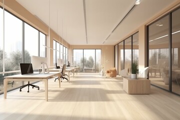 Fototapeta na wymiar Beige office room interior with coworking and conference zone, panoramic window. Generative AI