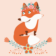 Ready to use design for your notebook. Cute fox. Poster for baby room. Childish print for nursery. Design can be used for fashion t-shirt, greeting card, baby shower...Vector illustration.