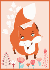 Ready to use design for your notebook. Cute fox. Poster for baby room. Childish print for nursery. Design can be used for fashion t-shirt, greeting card, baby shower...Vector illustration.