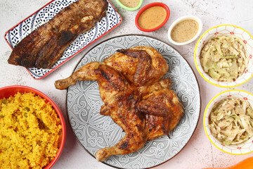 Freshly cooked peri peri chicken, French fries, grilled pork belly and nachos