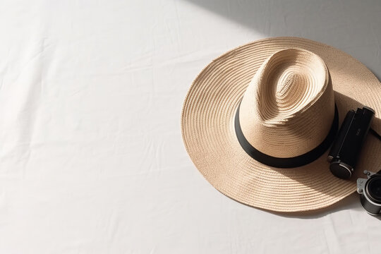 hat, travel vacation concept with empty space photo, minimal style, isolated background