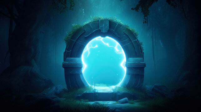 Fantasy landscape with a portal archway. Ancient magical stone gate show another dimension reality. generative AI.
