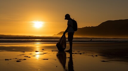 Fototapeta na wymiar Volunteer with bag silhouetted against the sun on the beach