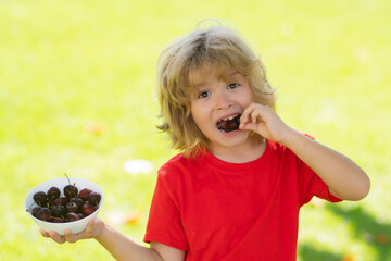 Happy little child with cherry outdoors. Kid picking and eating ripe cherries in summer park. Child holding fresh fruits. Healthy organic berry cherry fruit. Summer background with green grass.