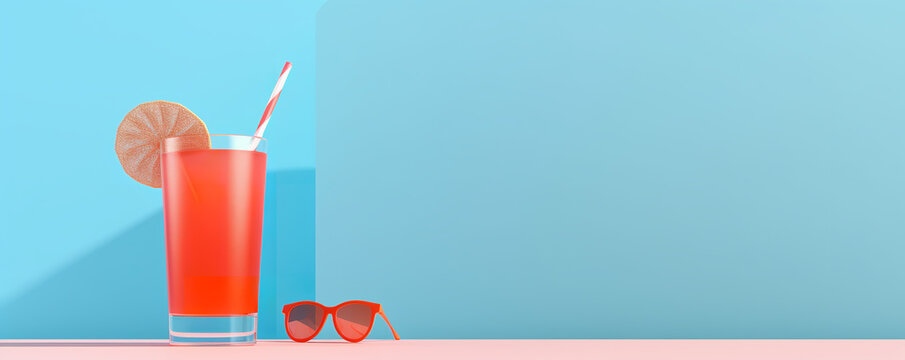 web banner size copy space cold cooling cocktail with a straw on a table, 3D rendering, summer vacation concept  - Generative AI