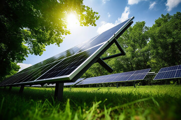 Solar panel fields in green environments - obrazy, fototapety, plakaty