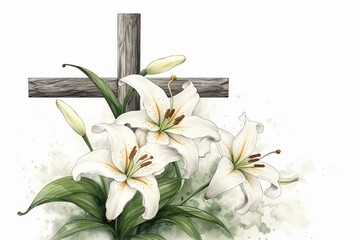 Cross with lilies isolated on white background for decorative design. Spring background. Easter card. Generative AI