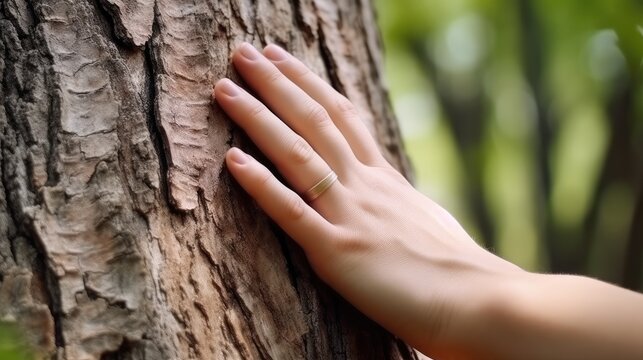 Nature lover hand touching tree. Generative AI