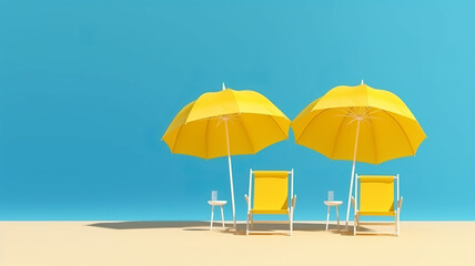 Fototapeta na wymiar web banner size copy space Beach yellow umbrella with yellow chairs on blue background. 3D rendering. travel concept - Generative AI