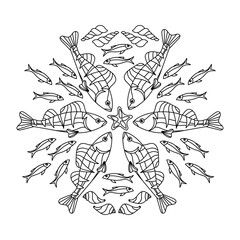 Mandala for coloring book page. Undersea Antistress art for adults.