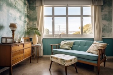 Vintage decoration with retro chair, sofa, lamps, old furniture, air conditioning, mid century print cushions. Holiday apartment with a terrace and view. Generative AI