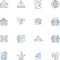 Share-out line icons collection. Dispense, Distribute, Allocate, Share, Giveaway, Devote, Deliver vector and linear illustration. Disseminate,Bestow,Disperse outline signs set
