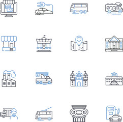 Cluster of buildings line icons collection. Skyscrapers, Complexes, Condos, Apartments, Urban, High-rises, Towers vector and linear illustration. Megalopolis,Metropolis,Communities outline signs set