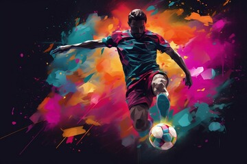 illustration of the essence of a soccer player in motion as they kick a ball with intense energy, surrounded by vibrant colors and splashes. generative AI