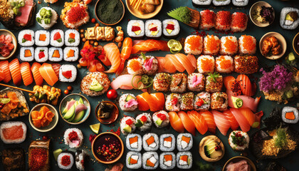 Fototapeta na wymiar Top view of various Japanese Sushi on the dark black background. Food and cuisine concept. Nutrition and vitamin theme. Generative AI