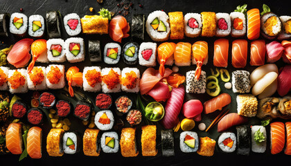 Fototapeta premium Top view of various Japanese Sushi on the dark black background. Food and cuisine concept. Nutrition and vitamin theme. Generative AI