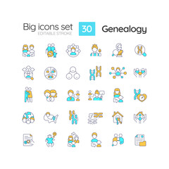 Fototapeta na wymiar Genealogy RGB color icons set. Family roots. Hereditary disorders. Ancestors and descendants. Lineage. Isolated vector illustrations. Simple filled line drawings collection. Editable stroke