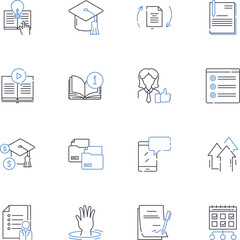 Remote instruction line icons collection. Virtual, Online, Distance, E-learning, Zoom, Webinar, Google Meet vector and linear illustration. Skype,Classroom,Collaborative outline signs set