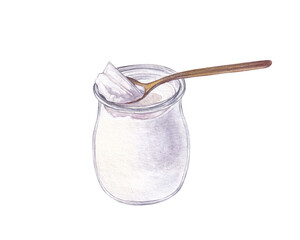 Watercolor yogurt in glass jar and spoon