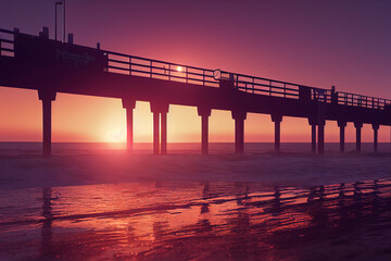 Fototapeta premium Golden hour sunset at a California beach, crepuscular rays, generative AI