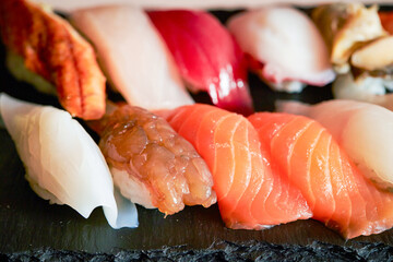 Different types of sushi on a plate