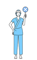 不正解を示す×の棒を持つ頭に包帯を巻いた女性入院患者