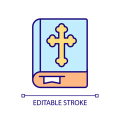 Obraz premium Holy bible RGB color icon. Christian religion statement. Saint book of worshipers. Spiritual practices text. Isolated vector illustration. Simple filled line drawing. Editable stroke