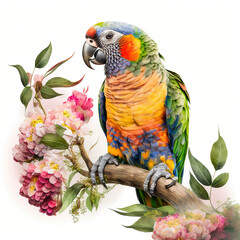 In Full Bloom, A Beautiful Parrot on a Flowers Branch, Isolated on White Background - Generative AI