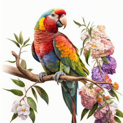 Obraz premium The Artistry of Nature, A Gorgeous Parrot in Full Splendor on a Flowers Branch, Isolated on White Background - Generative AI
