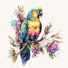 The Beauty of Flight, A Gorgeous Parrot on a Flowers Branch, Isolated on White Background - Generative AI