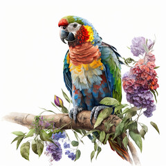 A Splash of Color, A Stunning Parrot on a Flowers Branch, Isolated on White Background - Generative AI