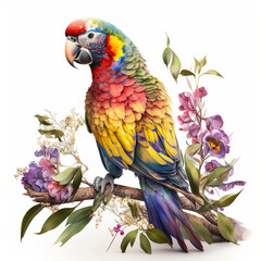 Flights of Fancy, A Stunning Parrot on a Flowers Branch, Isolated on White Background - Generative AI