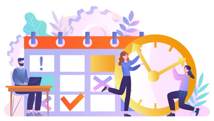 Time management concept. Man and women with clocks on background of calendar. Metaphor for organizing efficient workflow, planning. Collaboration and cooperation. Cartoon flat vector illustration