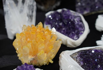 yellow crystals in cetrine druses, transparent large crystals of rock crystal and blue amethyst...