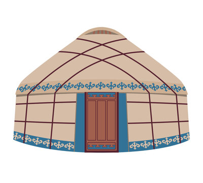 Yurt with national ornament. Vector illustration isolated on white background. National dwelling of the nomadic peoples of Asia. Traditional house for the inhabitants of Mongolia Kazakhstan Kyrgyzstan
