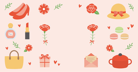 母の日の背景フレーム、サムネイル、タイトルロゴ素材。カーネーションや薔薇の花の飾り、かわいいベクターイラスト。 - Mother's Day background frame, thumbnail and title logo. Carnations and roses decorations, cute vector illustration.